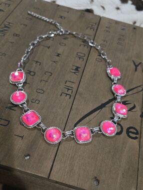 Women's Silver Necklace with Hot Pink Faceted Stones
